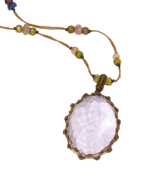 Sautoir Tibétain - Améthyste Violette Claire - Mix Tourmaline Rose - Fil Beige