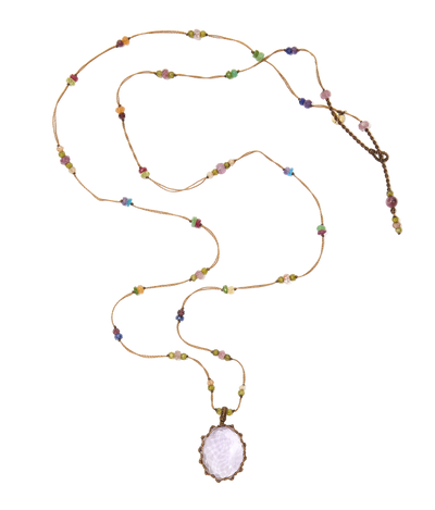 Sautoir Tibétain - Améthyste Violette Claire - Mix Tourmaline Rose - Fil Beige