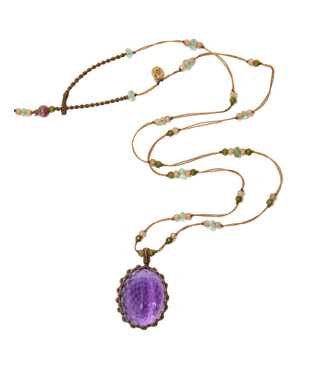 Collier court tibétain - Améthyste Violette Foncée - Mix Aquamarine - Fil Tabac