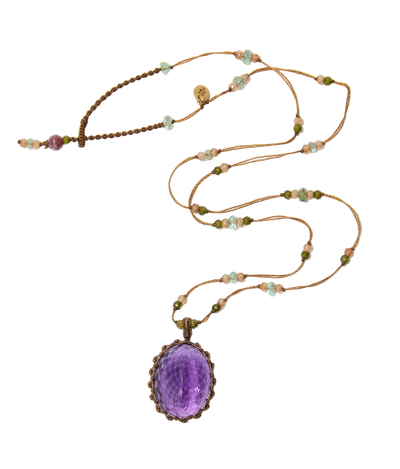 Collier court tibétain - Améthyste Violette Foncée - Mix Aquamarine - Fil Tabac