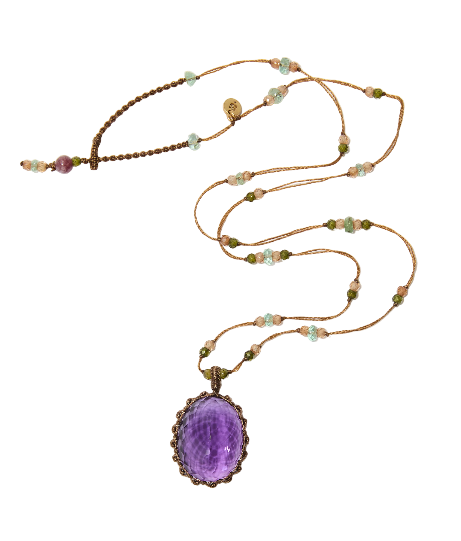 Collier court tibétain - Améthyste Violette Foncée - Mix Aquamarine - Fil Tabac