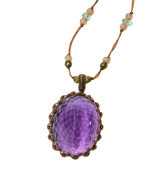 Collier court tibétain - Améthyste Violette Foncée - Mix Aquamarine - Fil Tabac