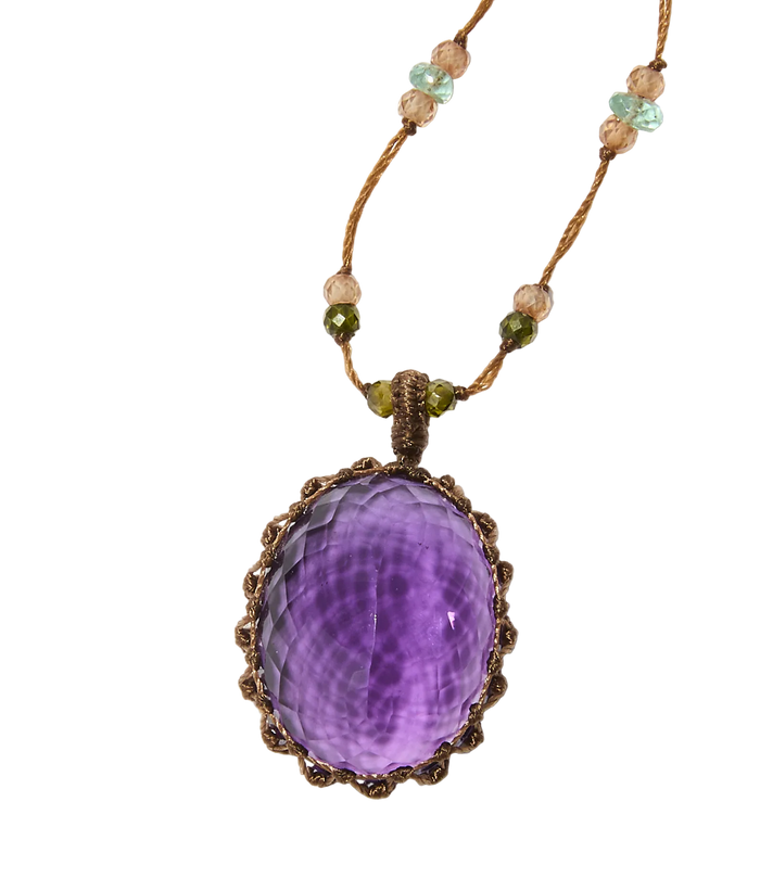 Collier court tibétain - Améthyste Violette Foncée - Mix Aquamarine - Fil Tabac