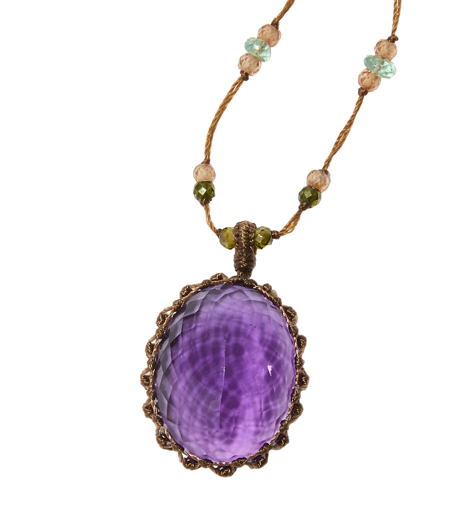 Collier court tibétain - Améthyste Violette Foncée - Mix Aquamarine - Fil Tabac