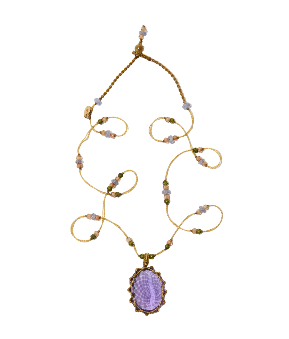Collier court tibétain - Améthyste  Foncée - Mix Saphir - Fil Beige