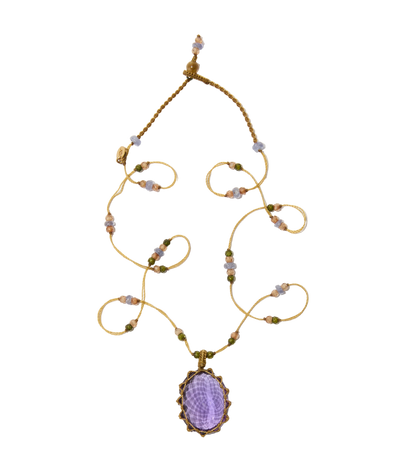 Collier court tibétain - Améthyste  Foncée - Mix Saphir - Fil Beige