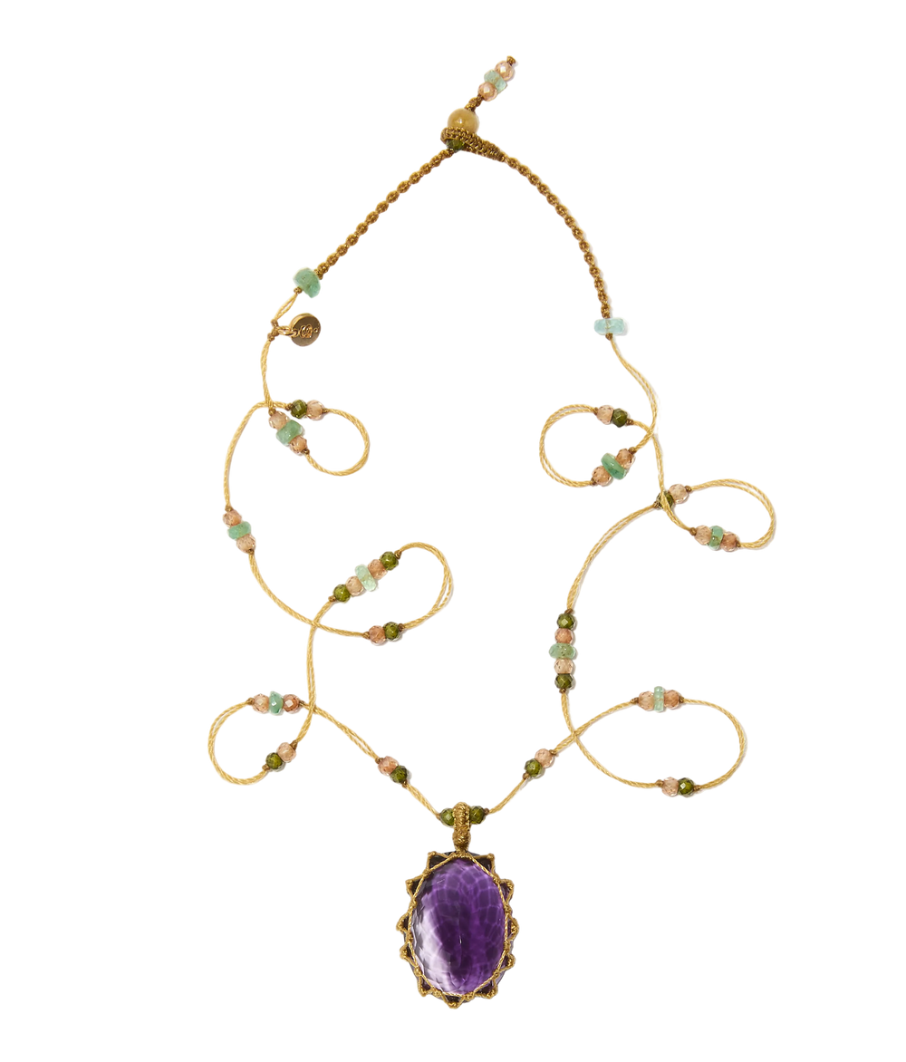 Collier Court Tibétain - Améthyste Foncée – Mix Aigue-Marine - Fil Beige