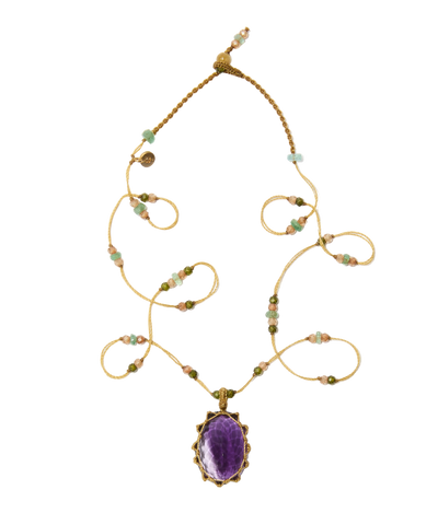 Collier Court Tibétain - Améthyste Foncée – Mix Aigue-Marine - Fil Beige