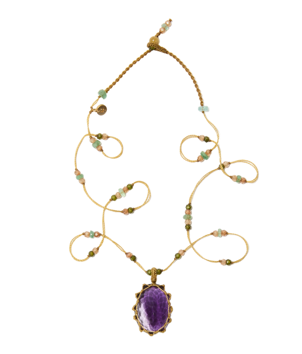 Collier Court Tibétain - Améthyste Foncée – Mix Aigue-Marine - Fil Beige