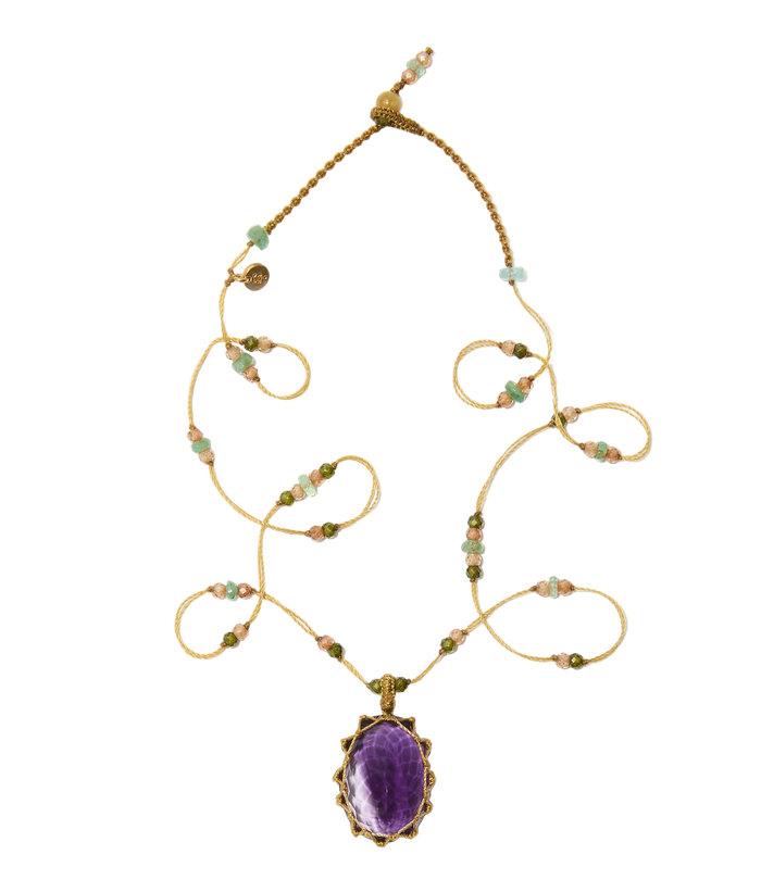 Collier Court Tibétain - Améthyste Foncée – Mix Aigue-Marine - Fil Beige
