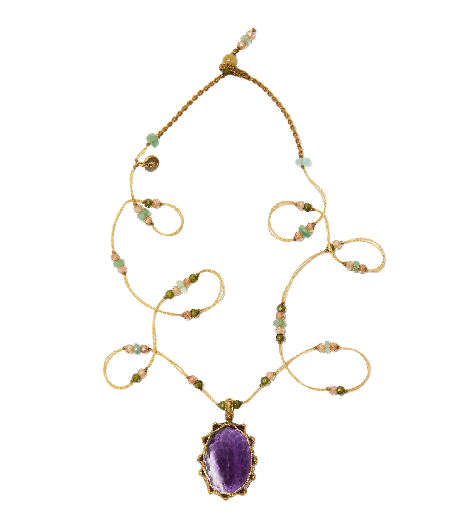 Collier Court Tibétain - Améthyste Foncée – Mix Aigue-Marine - Fil Beige