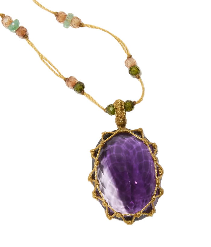 Collier Court Tibétain - Améthyste Foncée – Mix Aigue-Marine - Fil Beige