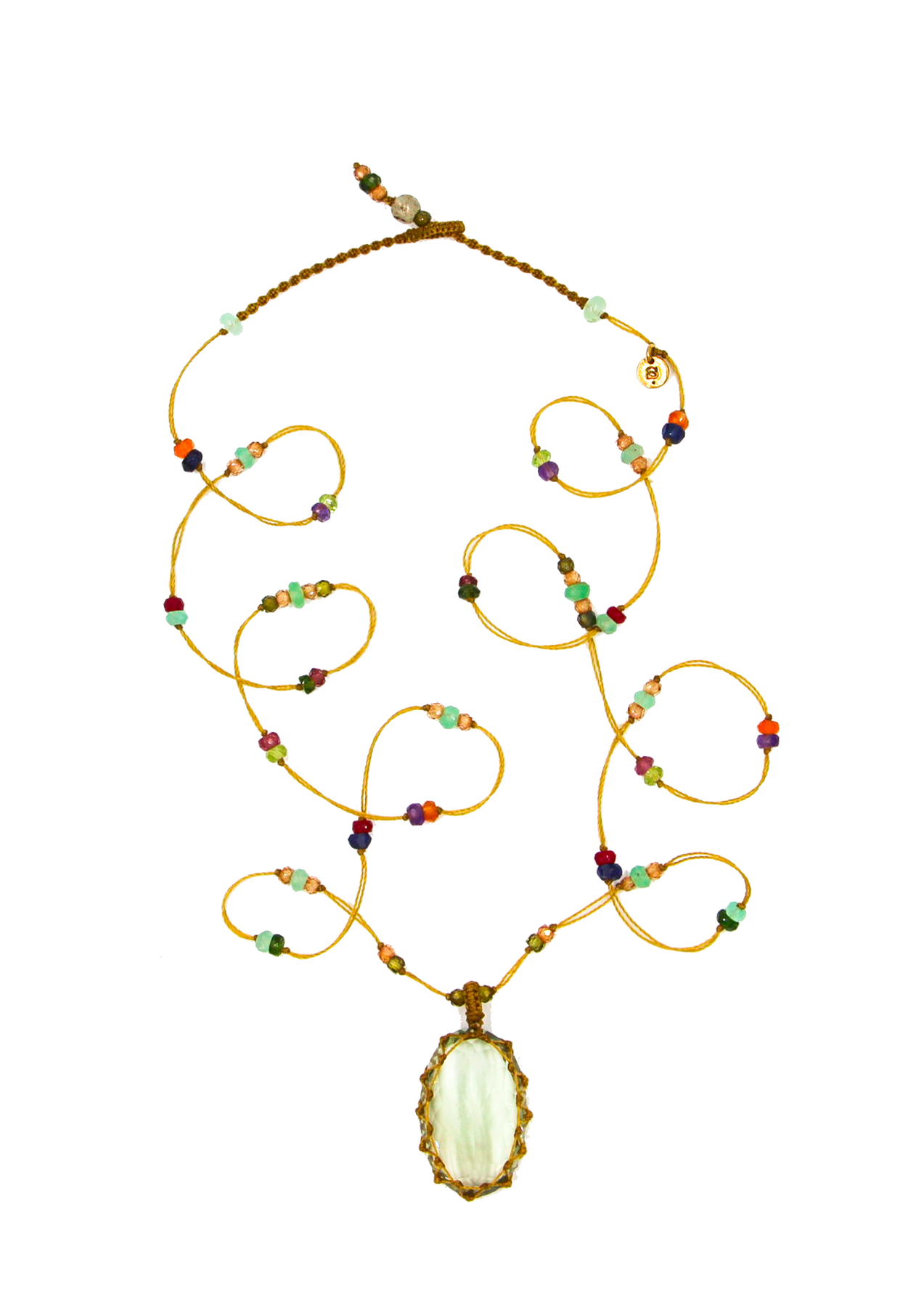 Tibetan Long Necklace - Green Amethyst - Mix Multi Stones - Tobacco Thread