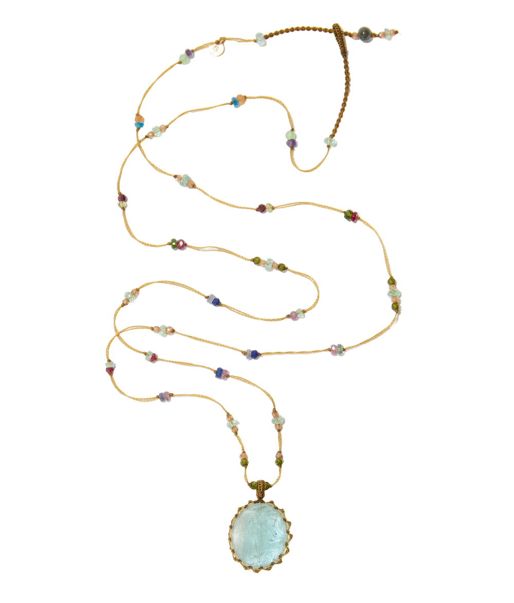Sautoir Tibétain - Aigue Marine - Mix Multipierres - Fil Beige