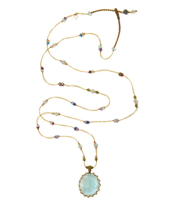 Sautoir Tibétain - Aigue Marine - Mix Multipierres - Fil Beige