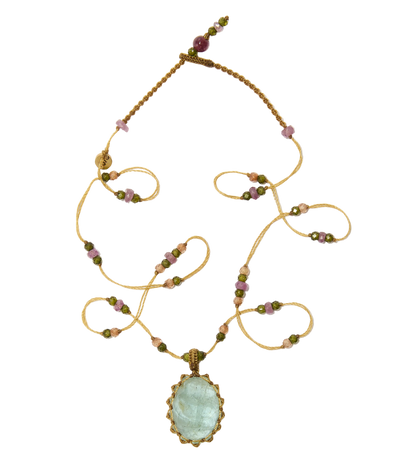 Collier Court Tibétain - Aigue Marine - Mix Tourmaline Rose - Fil Beige
