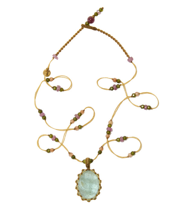 Collier Court Tibétain - Aigue Marine - Mix Tourmaline Rose - Fil Beige