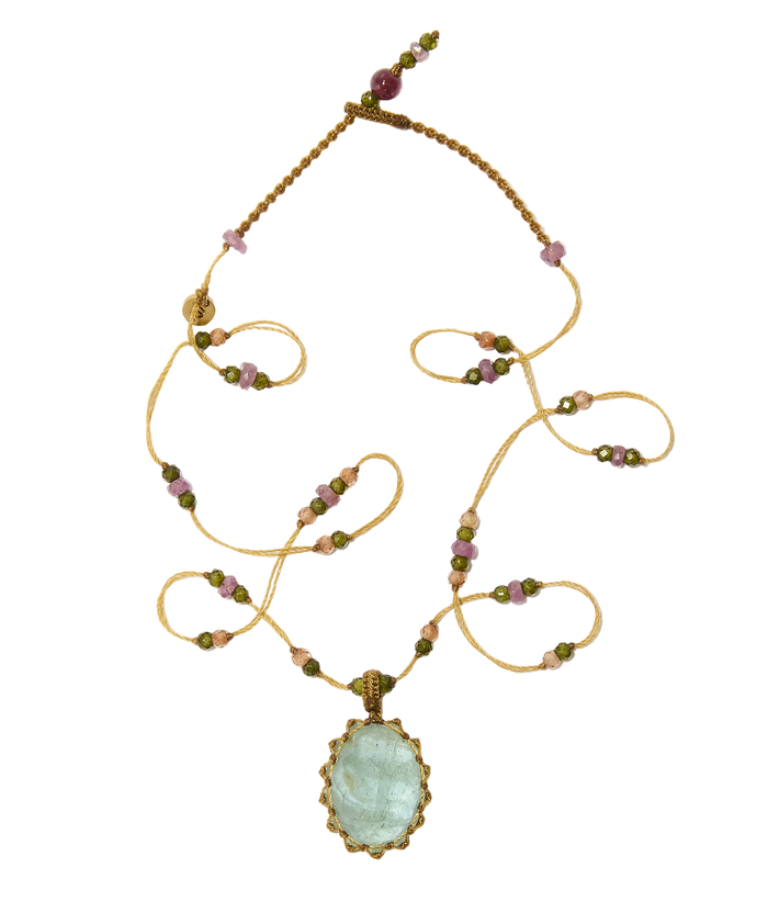 Collier Court Tibétain - Aigue Marine - Mix Tourmaline Rose - Fil Beige