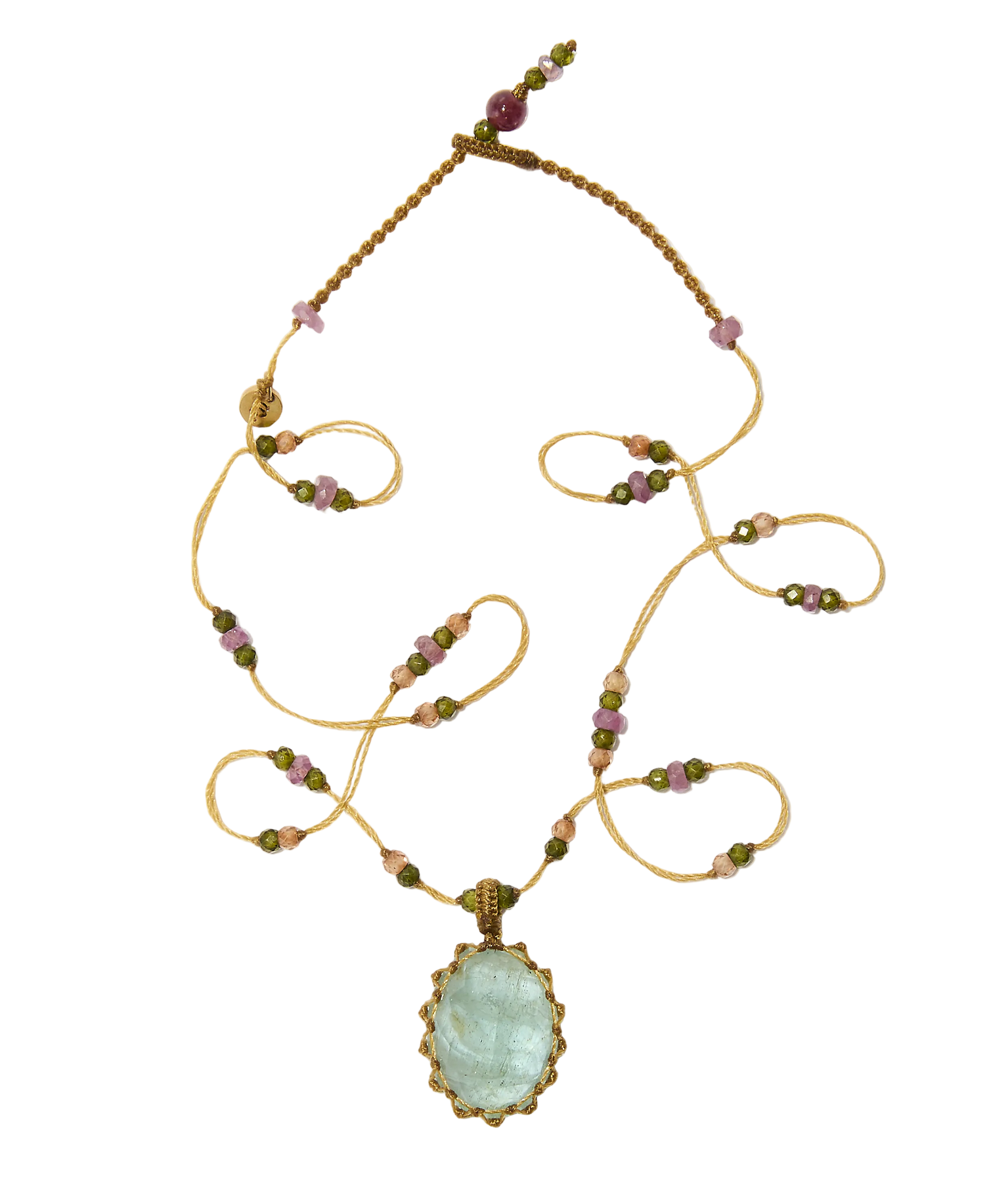 Collier Court Tibétain - Aigue Marine - Mix Tourmaline Rose - Fil Beige