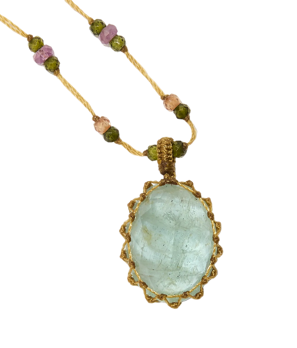 Collier Court Tibétain - Aigue Marine - Mix Tourmaline Rose - Fil Beige