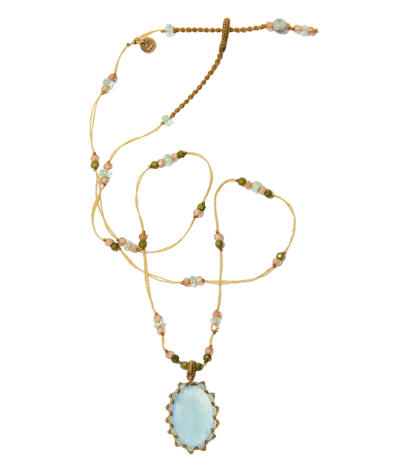 Collier Court Tibétain - Aigue Marine Glassfield - Mix Aigue Marine - Fil Beige