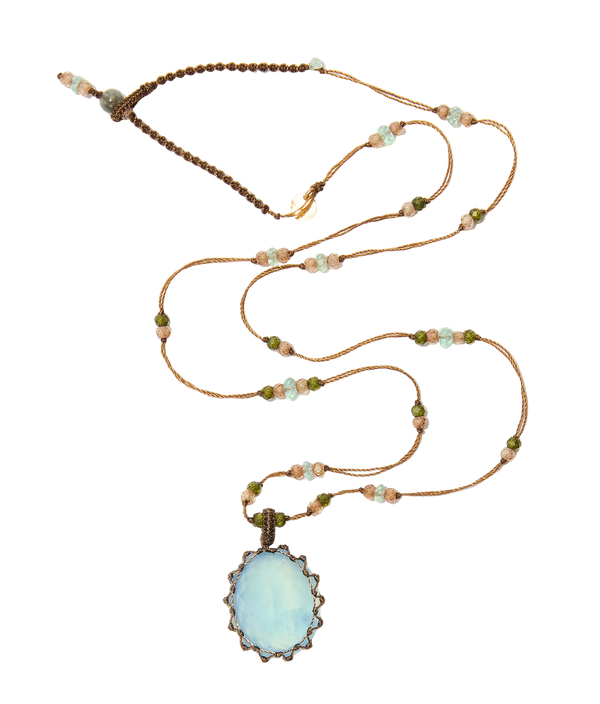 Collier Court Tibétain – Aigue Marine Glassfield – Mix Aquamarine – Fil Tabac