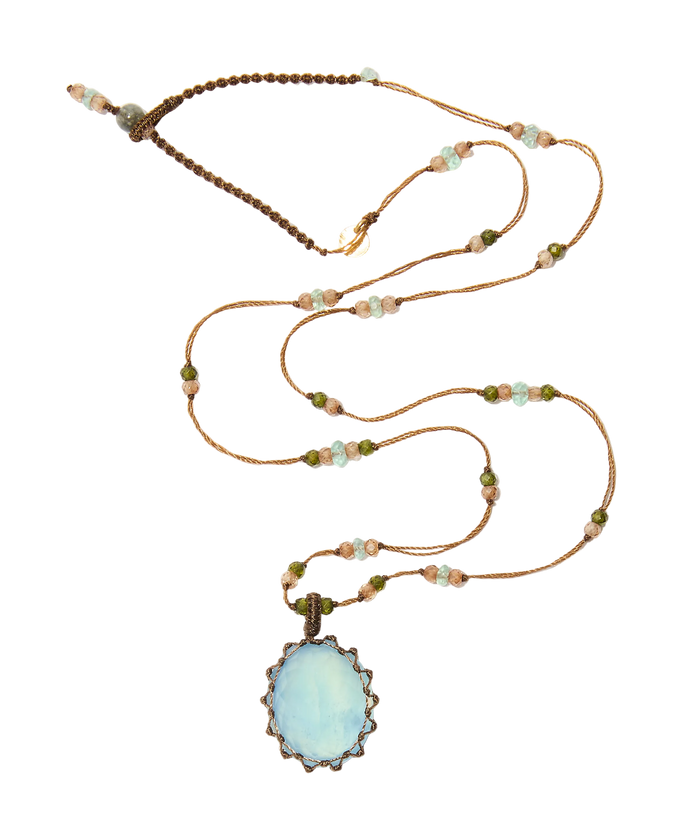 Collier Court Tibétain – Aigue Marine Glassfield – Mix Aquamarine – Fil Tabac