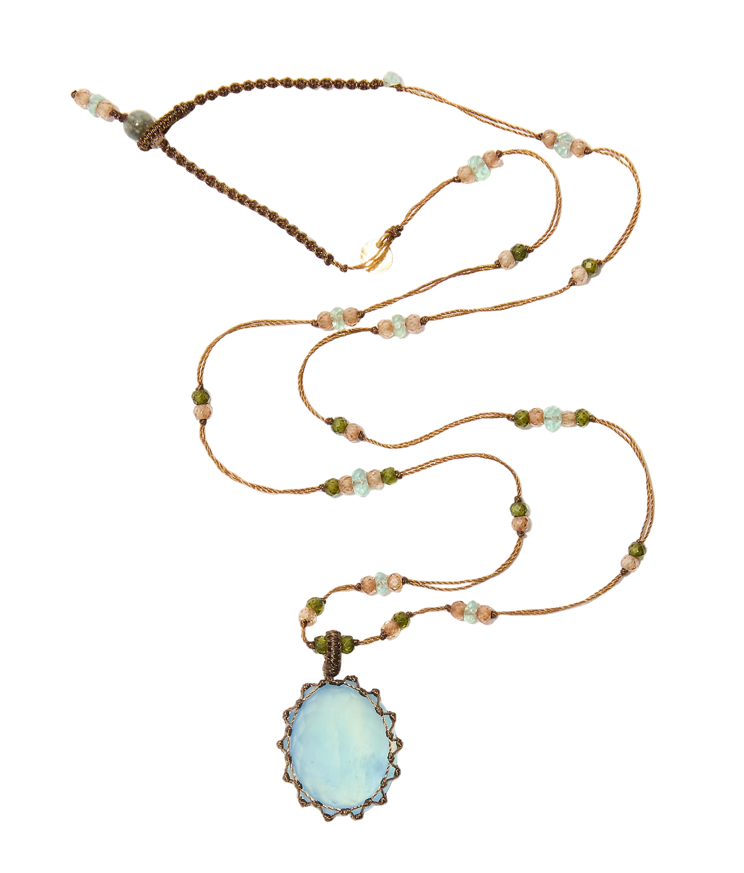 Collier Court Tibétain – Aigue Marine Glassfield – Mix Aquamarine – Fil Tabac