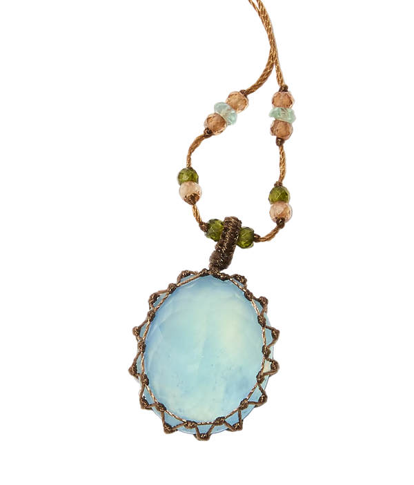 Collier Court Tibétain – Aigue Marine Glassfield – Mix Aquamarine – Fil Tabac