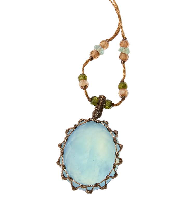 Collier Court Tibétain – Aigue Marine Glassfield – Mix Aquamarine – Fil Tabac