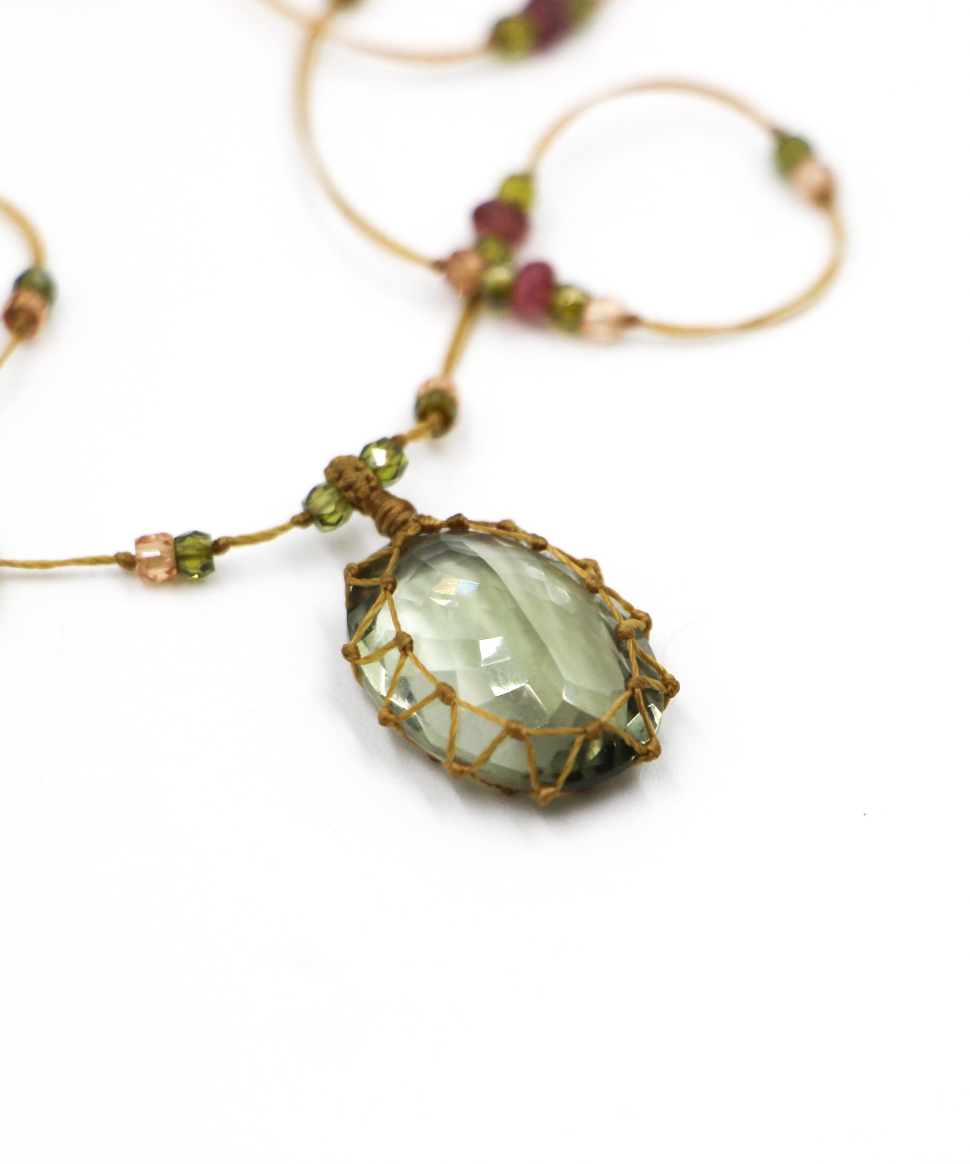 Short Tibetan Necklace - Green Amethyst - Mix Pink Tourmaline - Beige Thread