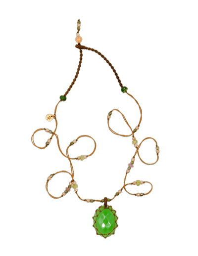 Short Tibetan Necklace - Chrysoprase - Rose Tourmaline Mix - Tobacco Thread