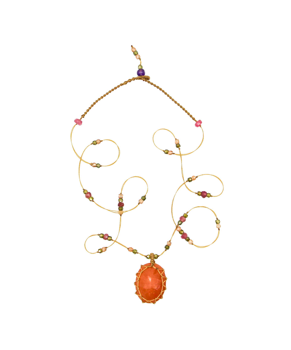 Tibetan Short Necklace - Carnelian - Mix Pink Tourmaline - Beige Thread