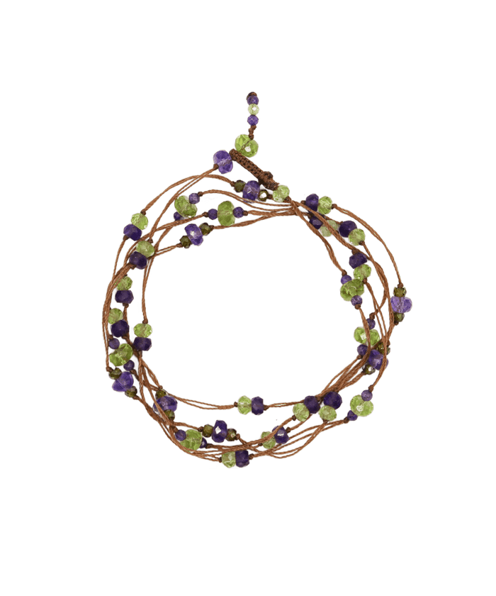 Collier & Armband Laly Duo - Peridot & Amethyst - Tabakfarbenes Band