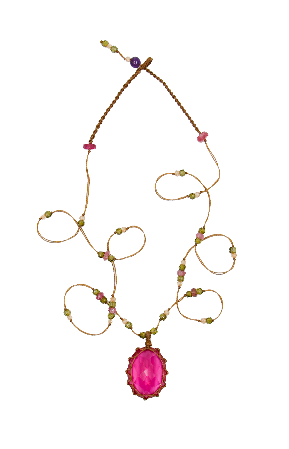 Short Tibetan Necklace - Indian Glass Rose - Mix Pink Tourmaline - Tobacco Thread