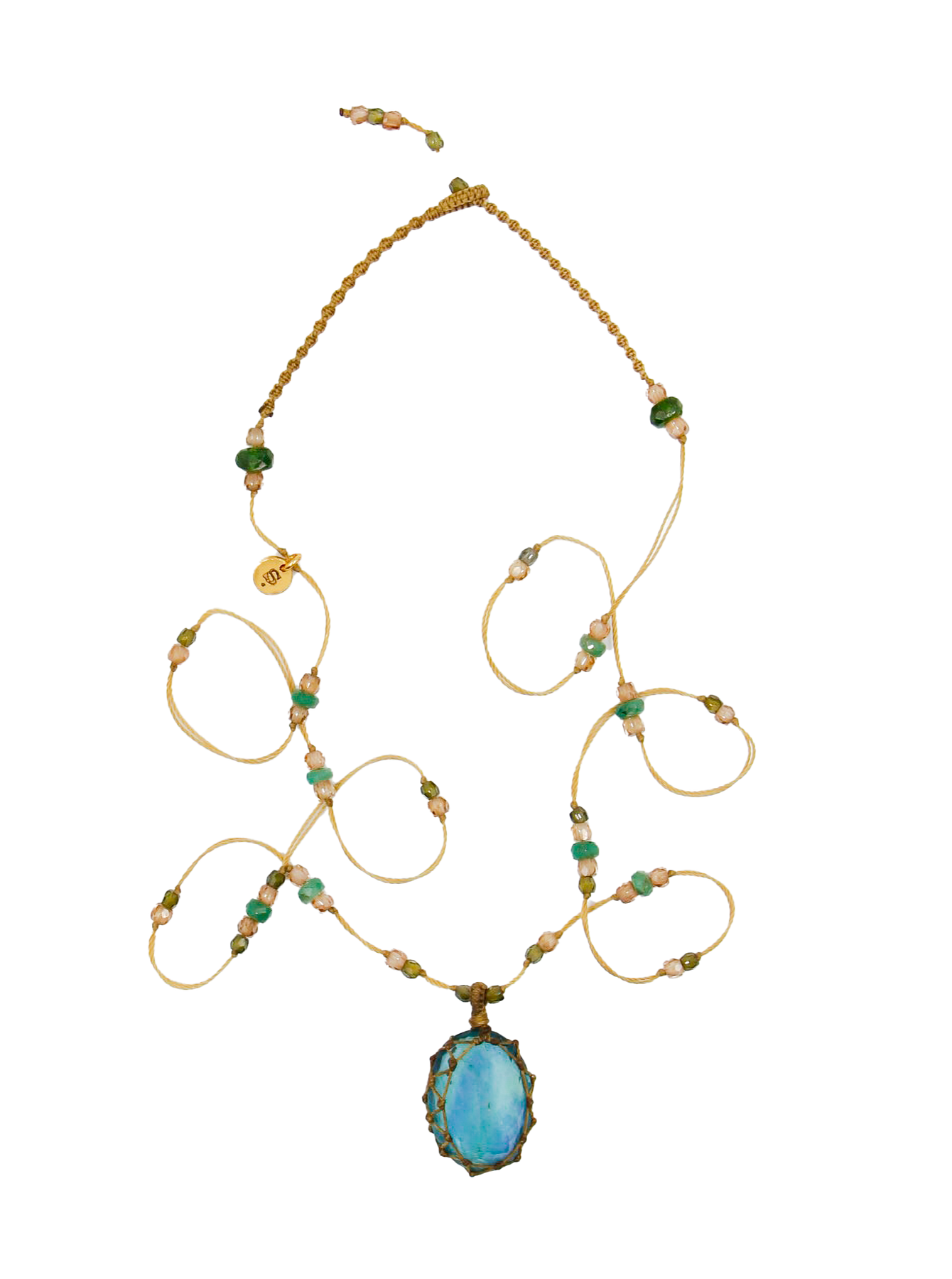Tibetan Short Necklace - Blue Fluorite - Emerald Mix - Beige Thread