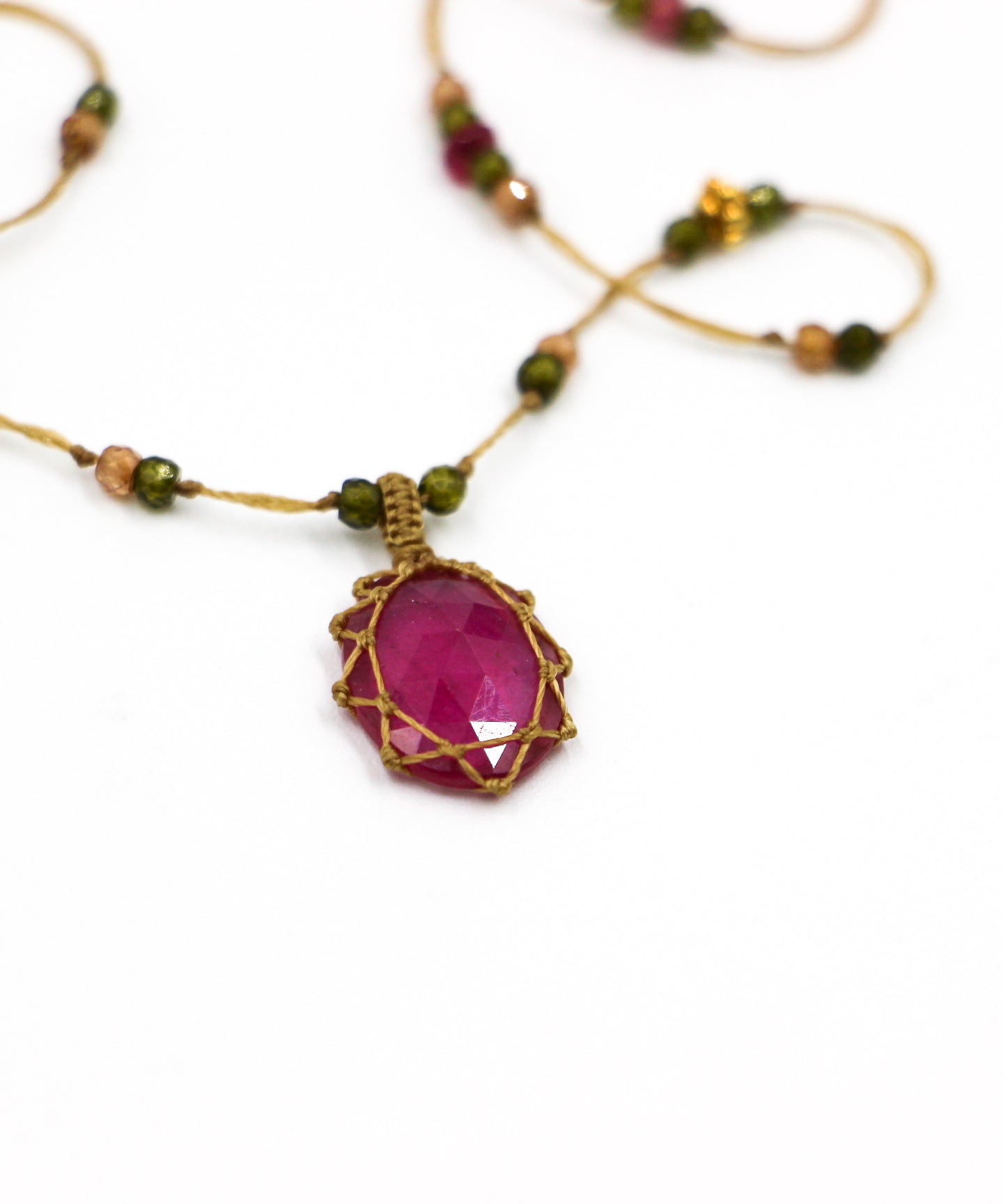 So Precious Short Tibetan Necklace - Glassfilled Rose - Mix Pink Tourmaline - Tobacco Thread