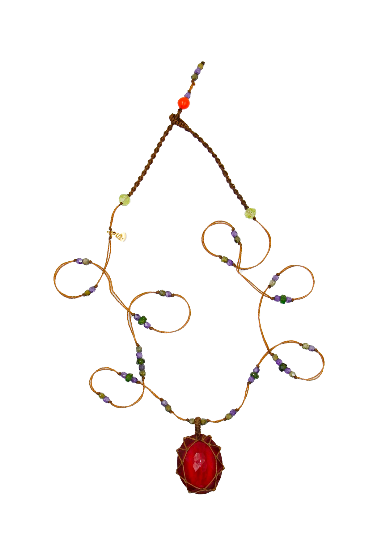 Short Tibetan Necklace - Red Indian Glass - Mix Tsavorite - Tobacco Thread