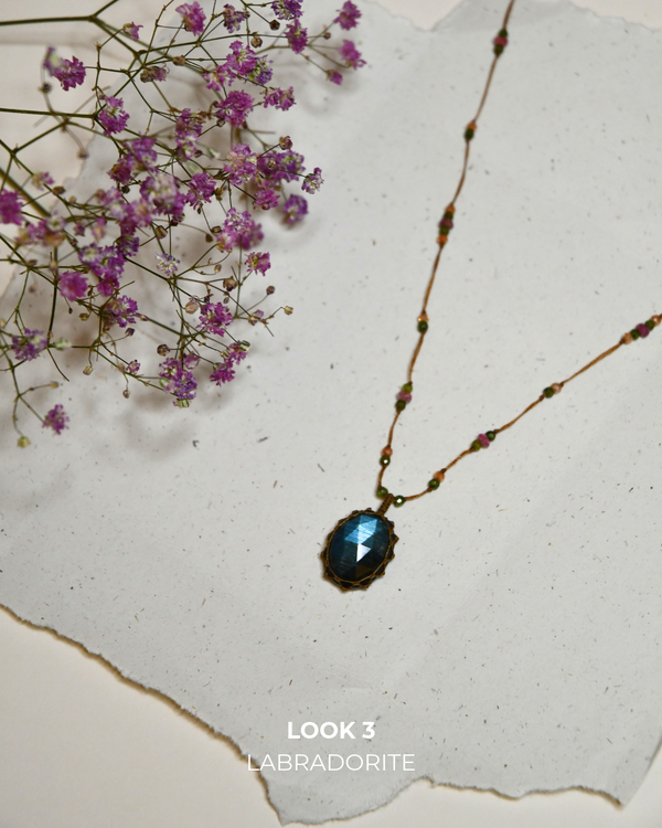 Sautoir Tibétain - Labradorite Feu Bleu - Mix Tourmaline - Fil Tabac