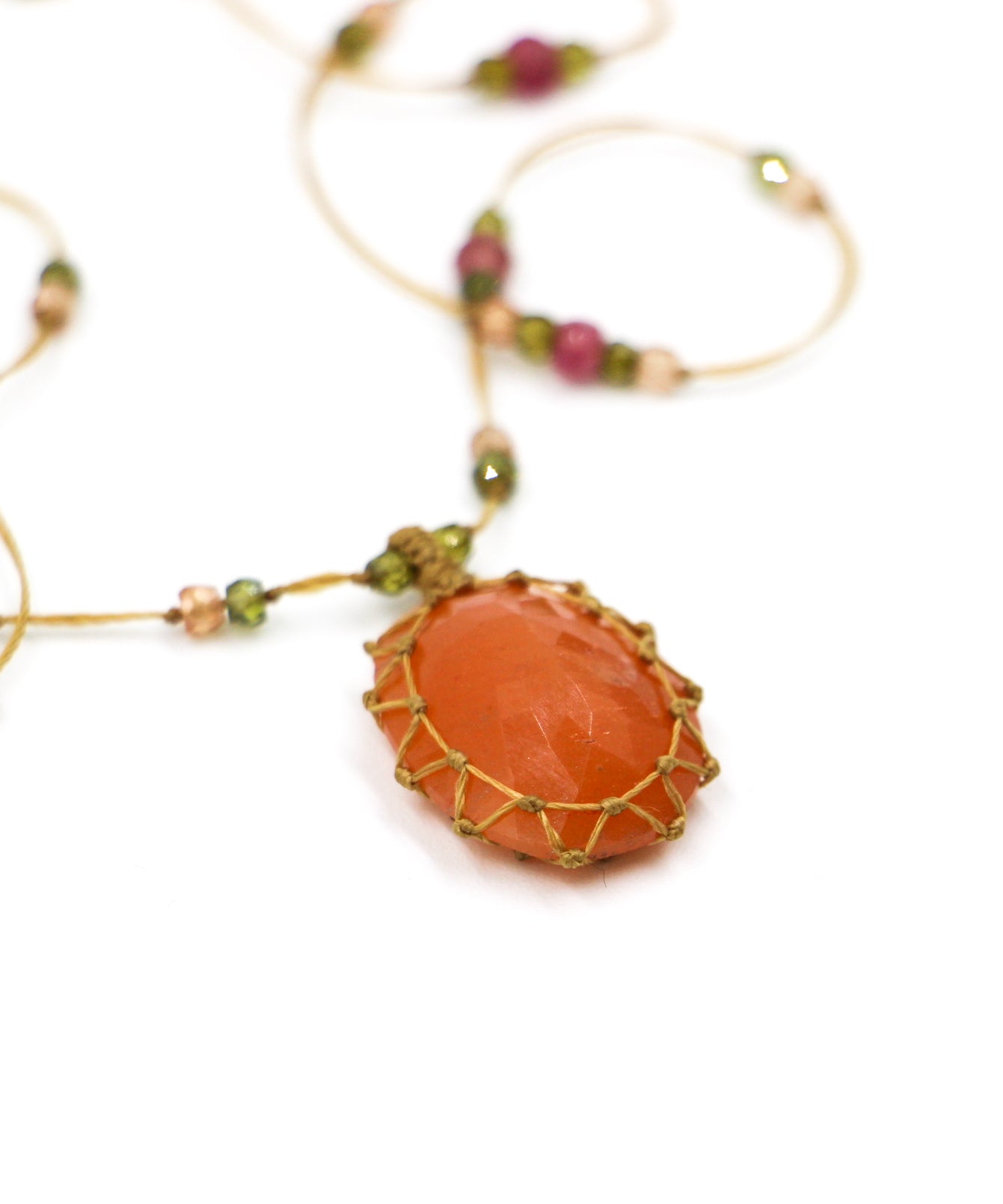 Tibetan Short Necklace - Carnelian - Mix Pink Tourmaline - Beige Thread