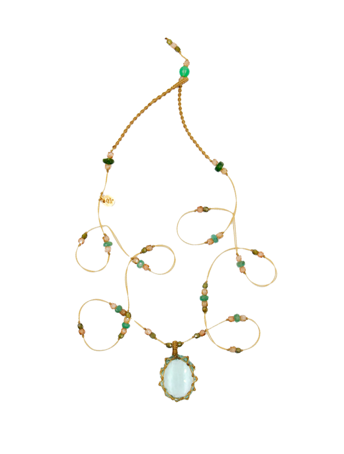 Tibetan Short Necklace - Green Fluorite - Emerald Mix - Beige Thread