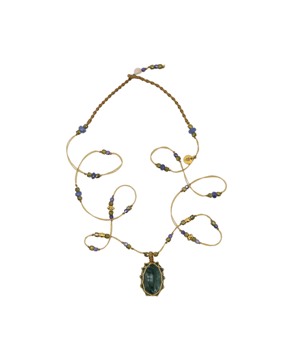 So Precious Collier Court Tibétain - Kyanite Émeraude - Mix Saphir - Fil Beige