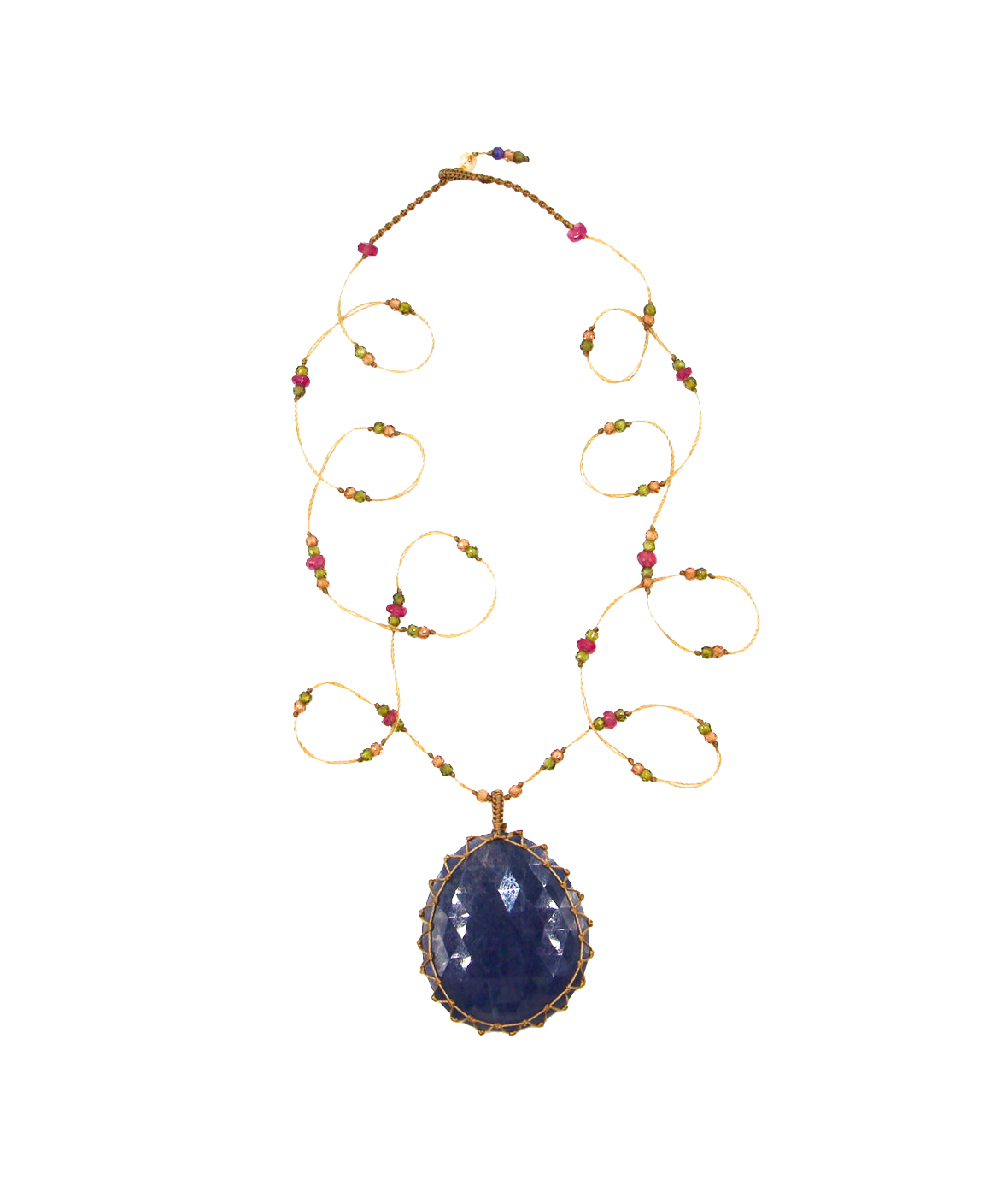 Tibetan Long Necklace - Blue Corundum - Mix Multi Stones - Tobacco Thread