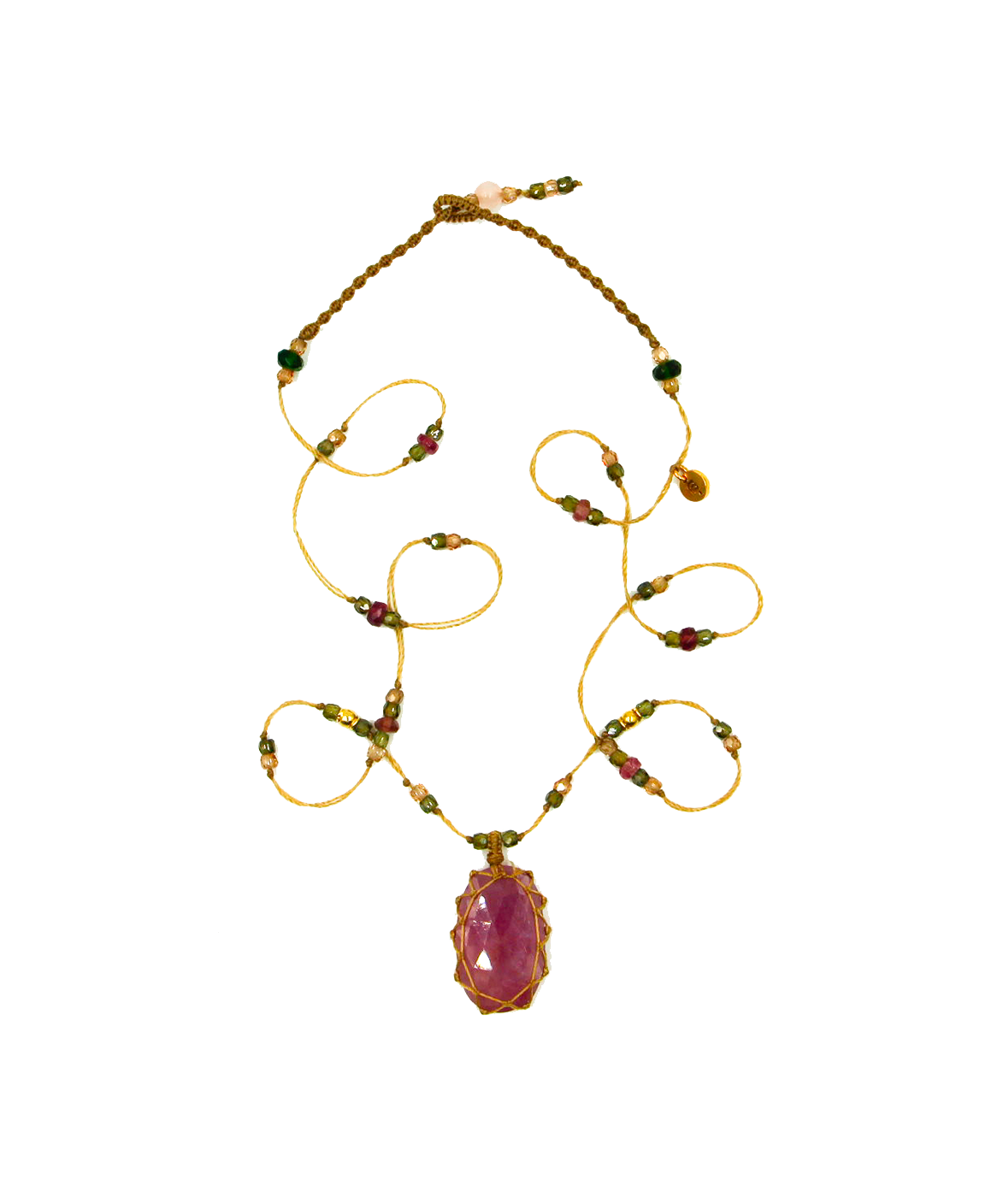 So Precious Short Tibetan Necklace - Pink Corundum - Mix Pink Tourmaline - Beige Thread