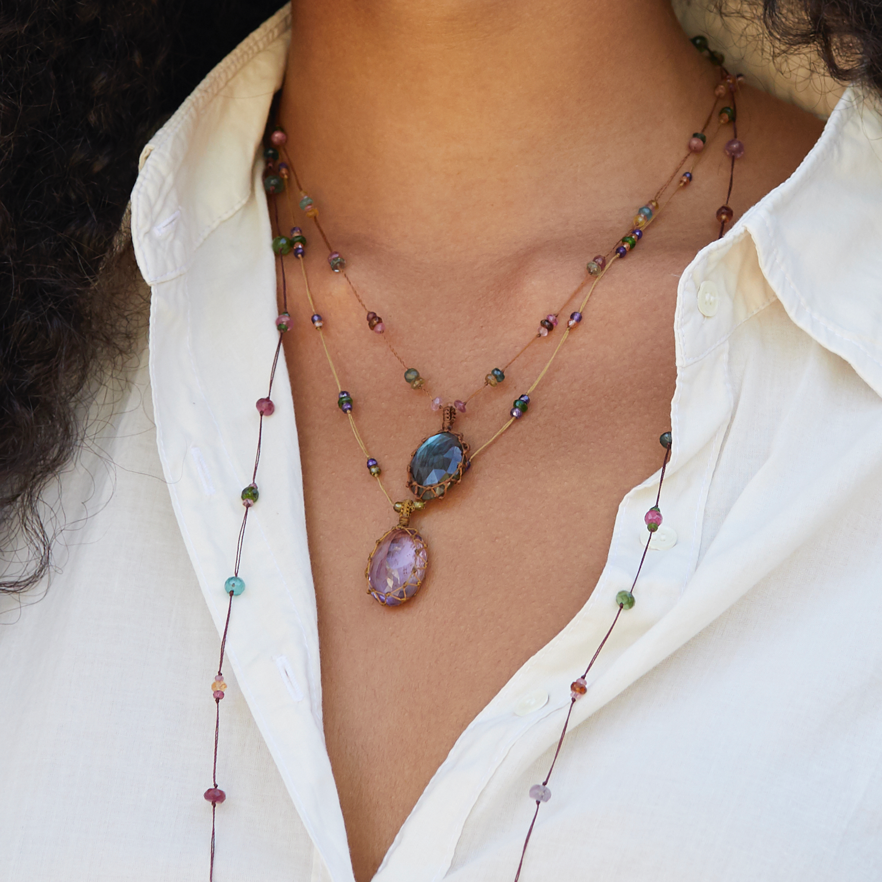 Short Tibetan Necklace - Light Violet Amethyst - Mix Pink Tourmaline - Beige Thread