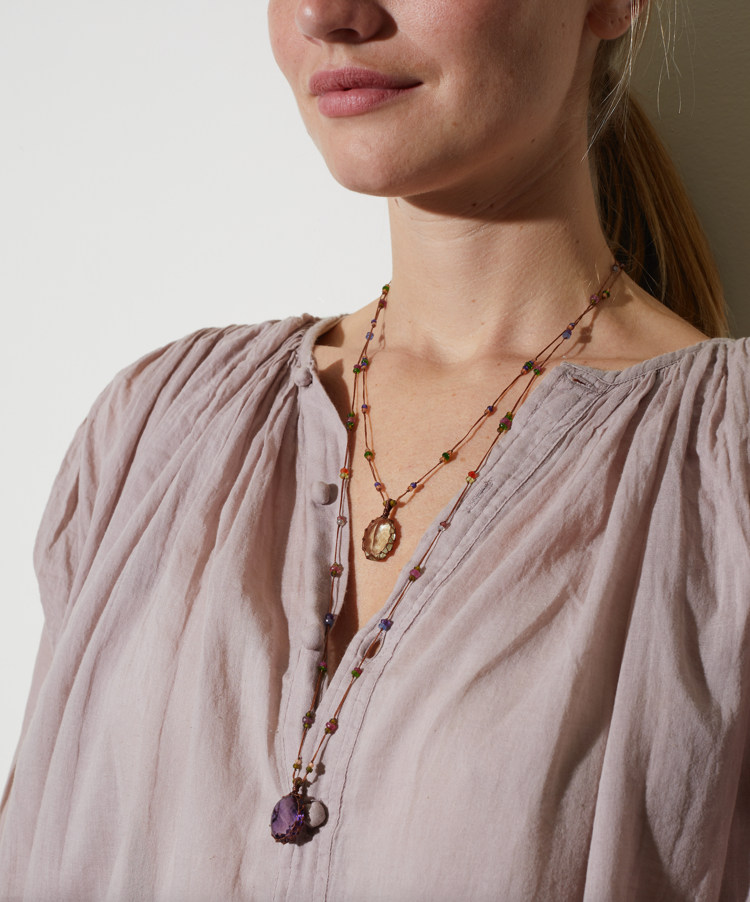 Short Tibetan Necklace - Light Violet Amethyst - Mix Pink Tourmaline - Beige Thread