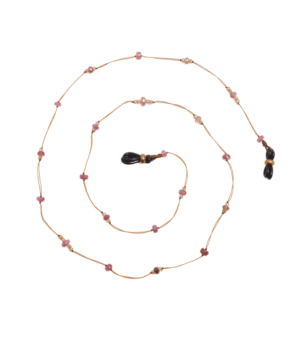 Chaîne de Lunettes Lucy - Rosen-Tourmalin & Zirconiums Henne - Tabakfarbenes Band