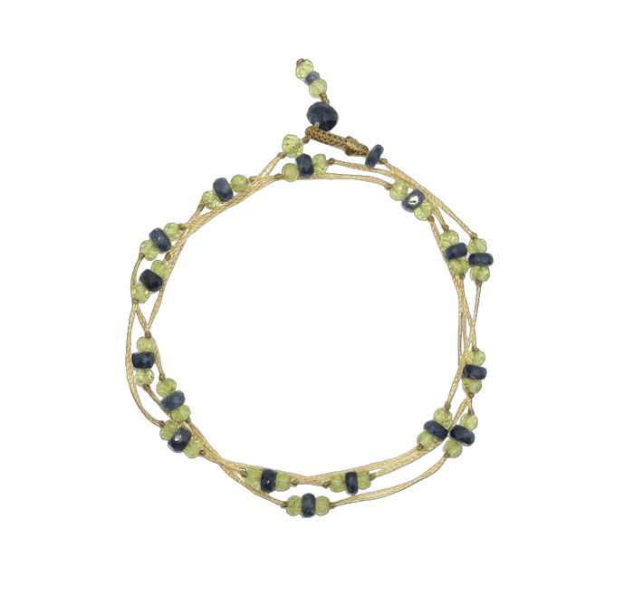 Collier & Bracelet Loopy Duo - Péridot & Saphir Bleu - Fil Beige