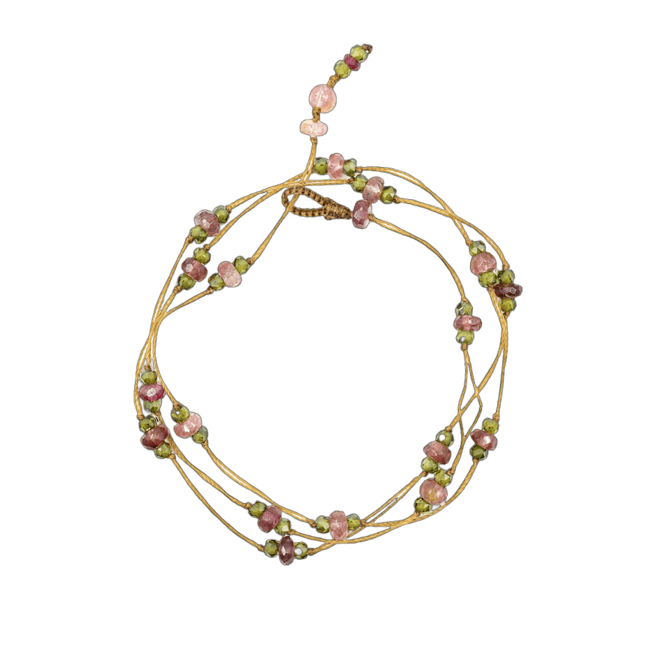 Collier & Bracelet Modulable Loopy Sharing en Tourmaline Rose, fil beige, 52 cm