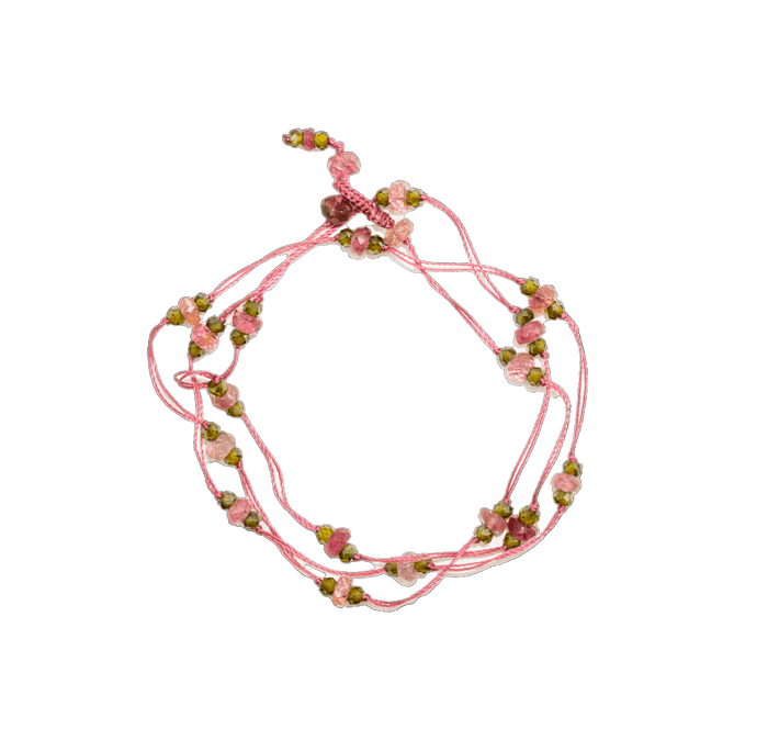 Collier & Bracelet Loopy Duo - Tourmalines Roses & Henne - Fil Rose Indien
